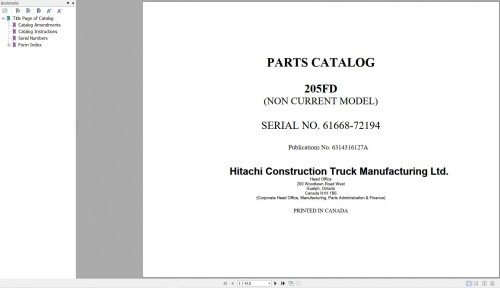 Hitachi Dump Truck R22 205FD Parts Catalog