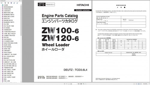 Hitachi ZW100 6 ZW120 6 DEUTZ TCD3.6L4 Engine Parts Catalog PNSAA0 EG1 4