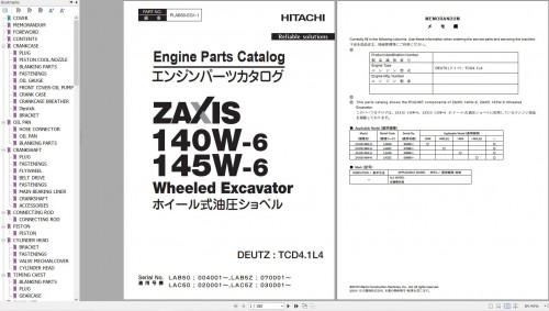 Hitachi ZW140W 6 ZW145W 6 DEUTZ TCD4.1L4 Engine Parts Catalog PLAB50 EG1 1