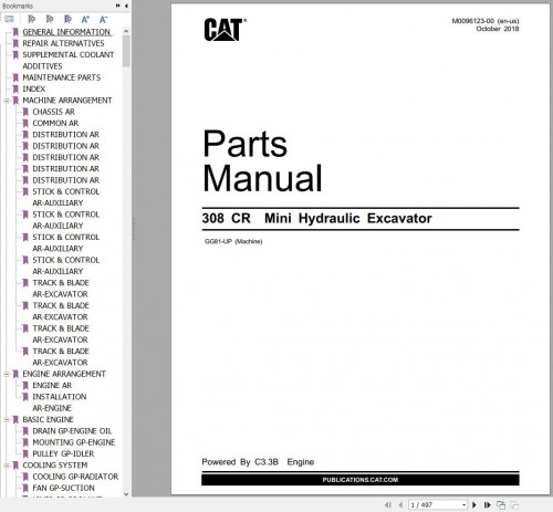 CAT Mini Hydraulic Excavator 308CR Parts Manual M0096123 00