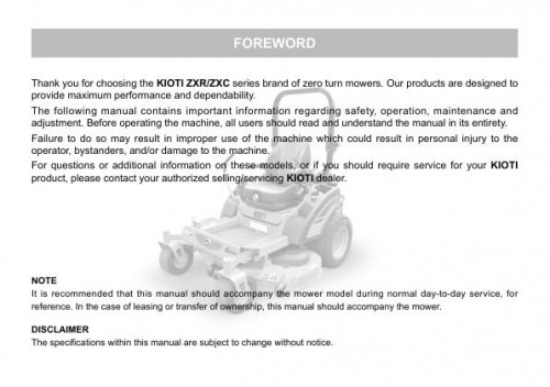 Kioti Zero Turn Mower ZXR48 ZXR54 ZXR60 ZXR48 SE ZXR54 SE ZXR60 SE Owners Manual 190115 1