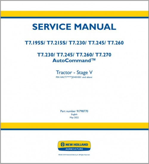 New Holland Tractor T7.195S T7.270 AutoCommand Stage V Service Manual and Diagram 91798770 (1)