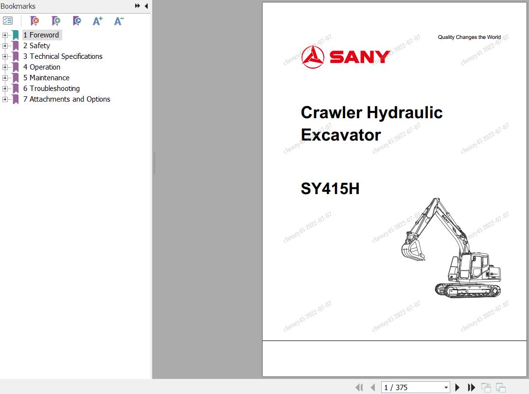 Sany Excavator SY415H Operation and Maintenance Manual EN | Auto Repair ...