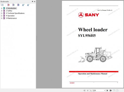 Sany Wheel loader SYL956H5 Operation and Maintenance Manual EN