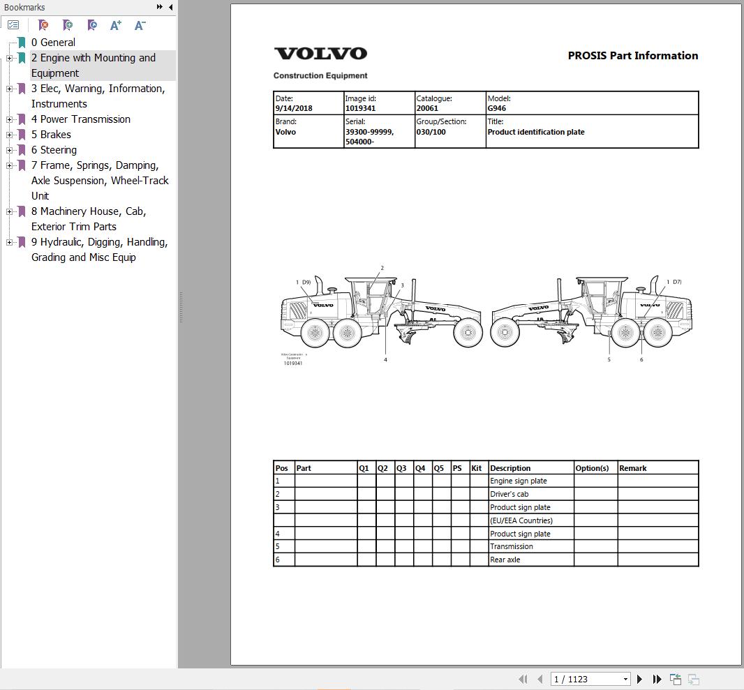 Volvo Motor Grader G946 Parts Catalog 