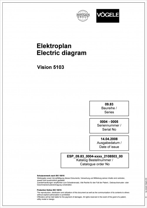 Wirtgen VÖGELE Road Pavers Vision 5103 Electric Diagram 2108503 00