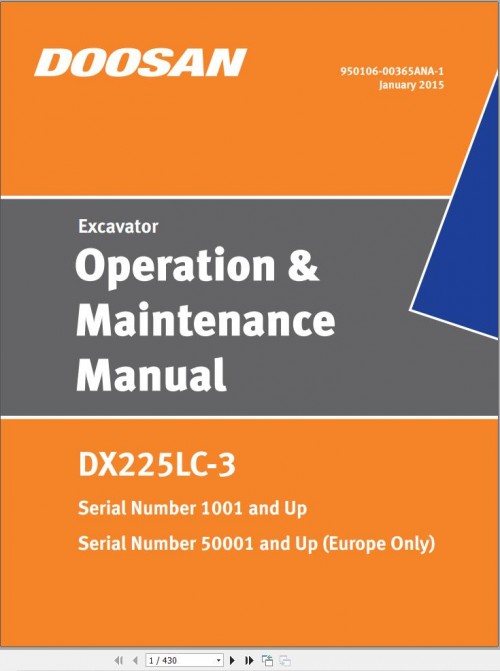 Doosan Excavator DX225LC 3 Operation and Maintenance Manual 950106 00365ANA 1 (1)