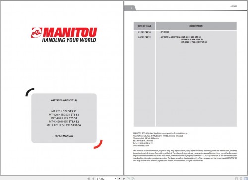 Manitou Telehandlers MT 420 H 57K ST5 S1 to MT X 420 H TSS 49K ST3A S2 Repair Manual and Diagram 647