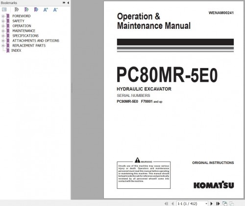 Komatsu Excavator PC80MR 5E0 F70001 UP Operation and Maintenance Manual WENAM00241 (1)