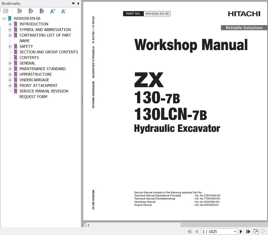 Hitachi Excavator Zx130-7b Zx130lcn-7b Workshop Manual Wdhg50-en-00 