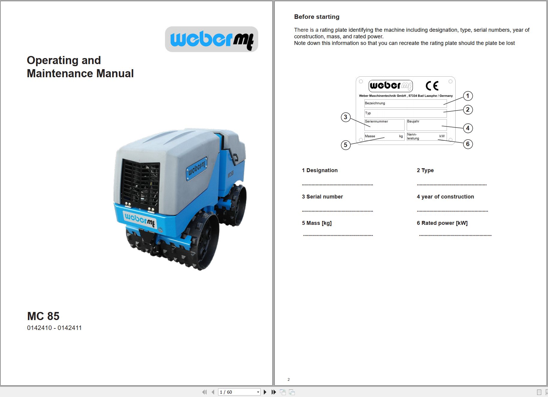 Weber MT Trench Roller MC 85 Operation Maintenance Manual 085103151-104 ...